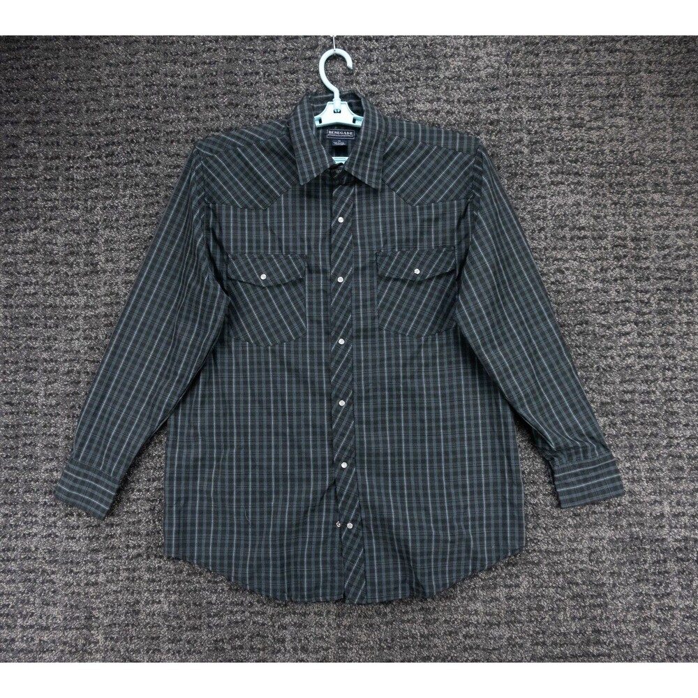 Renegade Shirt Mens Medium Gray Black Plaid Long Sleeve Western Pearl Snap